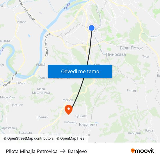 Pilota Mihajla Petrovića to Barajevo map