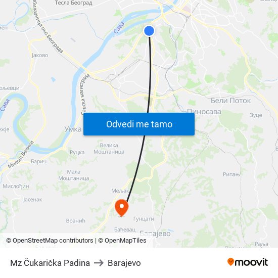 Mz Čukarička Padina to Barajevo map