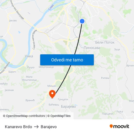 Kanarevo Brdo to Barajevo map