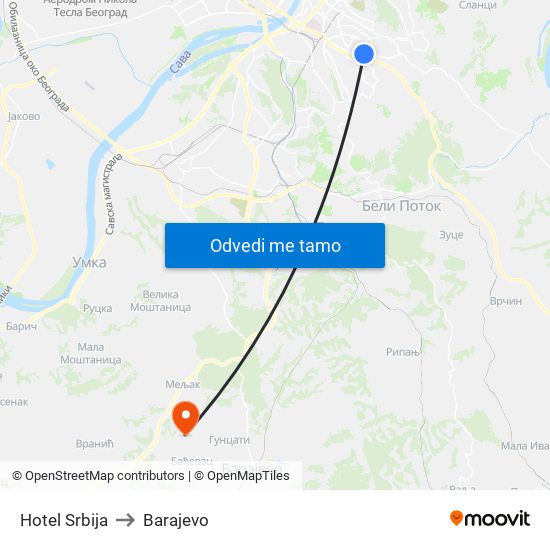 Hotel Srbija to Barajevo map