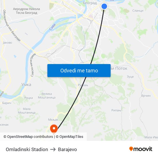 Omladinski Stadion to Barajevo map