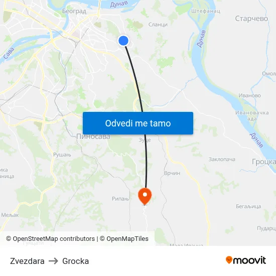 Zvezdara to Grocka map