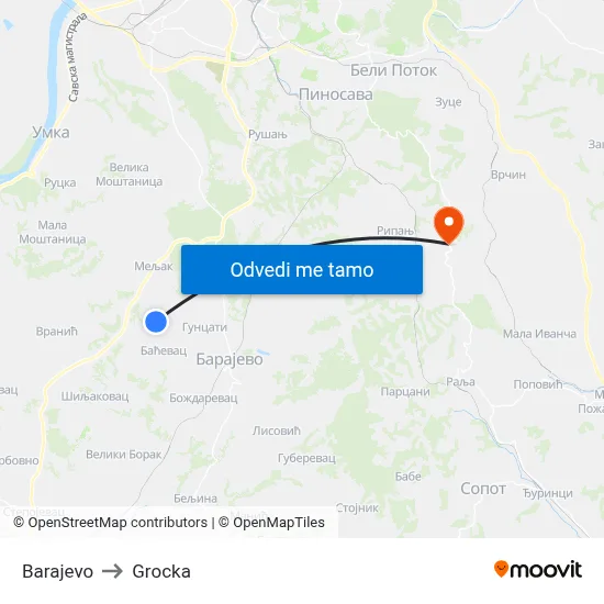 Barajevo to Grocka map