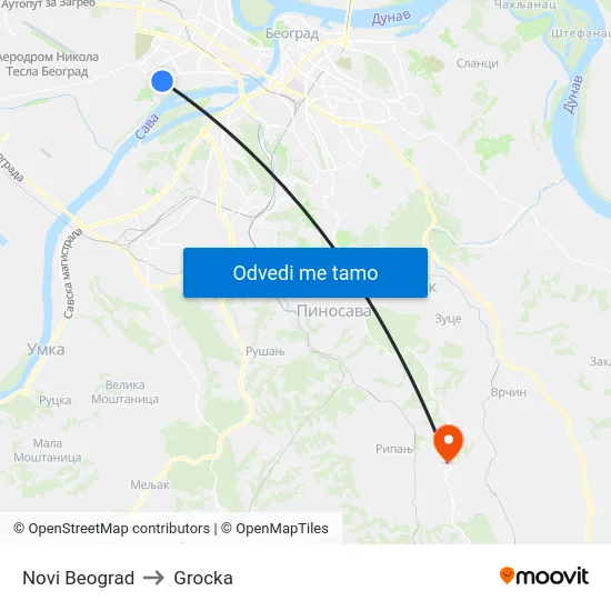 Novi Beograd to Grocka map