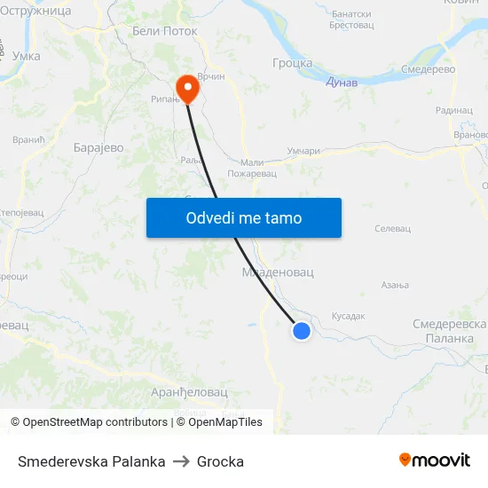 Smederevska Palanka to Grocka map