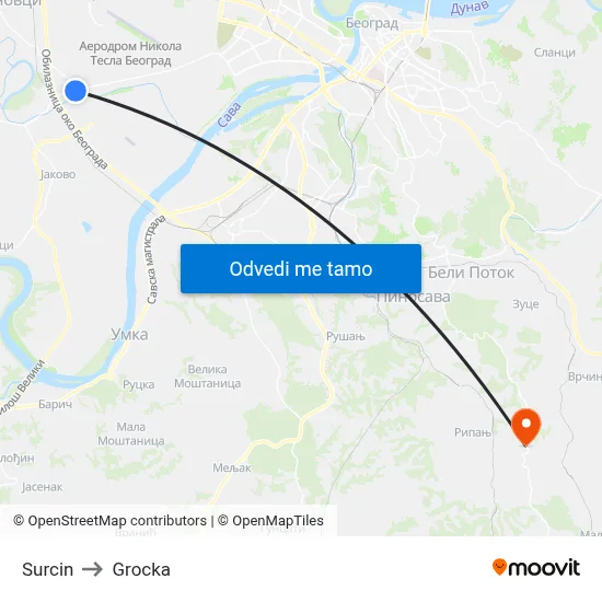 Surcin to Grocka map