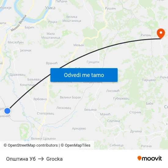 Општина Уб to Grocka map