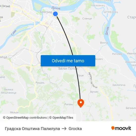 Градска Општина Палилула to Grocka map