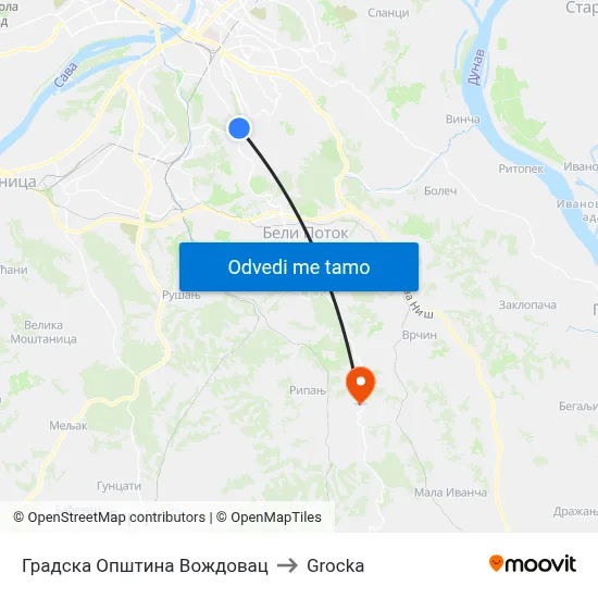 Градска Општина Вождовац to Grocka map