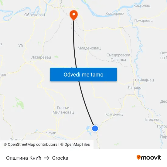 Општина Кнић to Grocka map