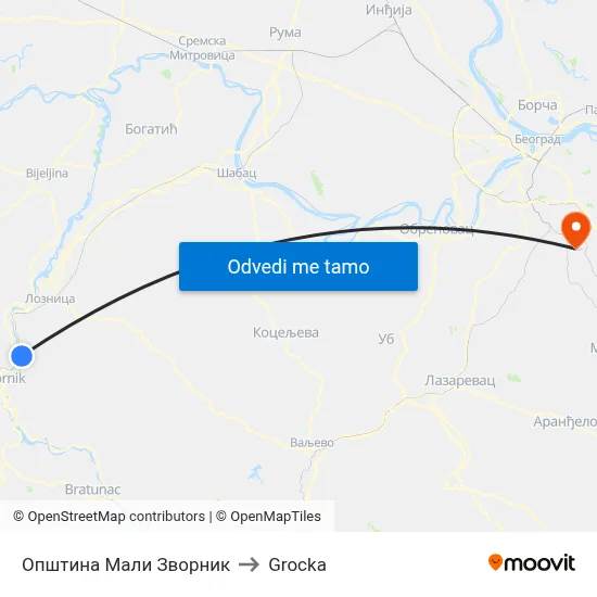 Општина Мали Зворник to Grocka map