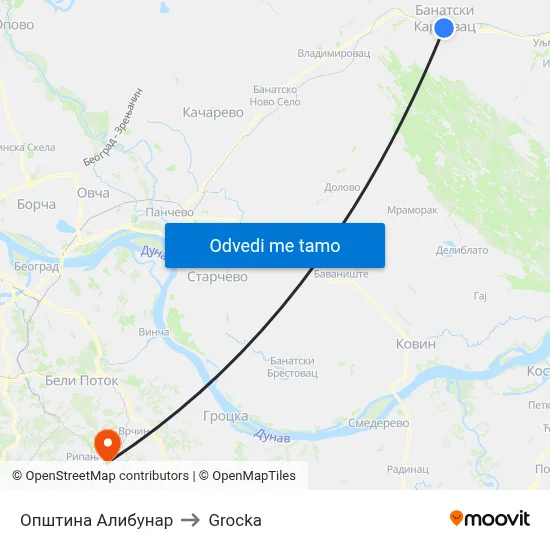 Општина Алибунар to Grocka map