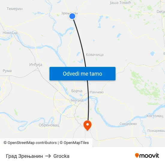 Град Зрењанин to Grocka map