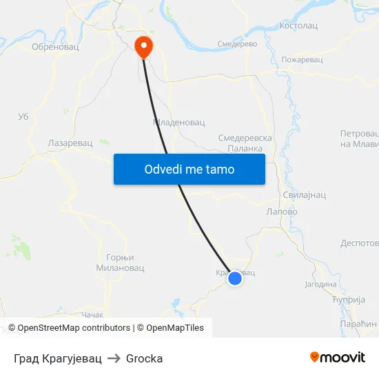 Град Крагујевац to Grocka map