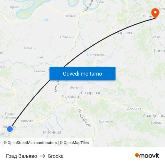Град Ваљево to Grocka map