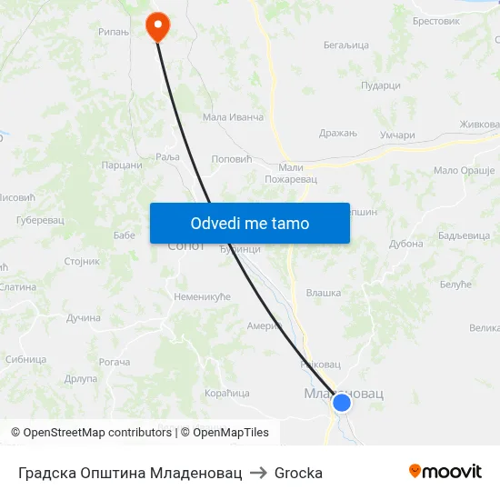 Градска Општина Младеновац to Grocka map