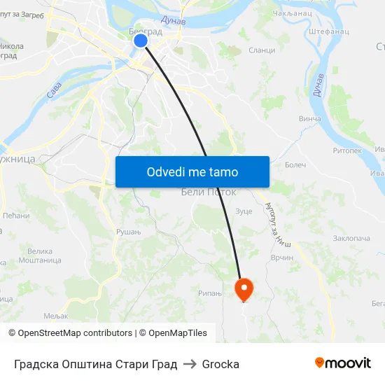 Градска Општина Стари Град to Grocka map