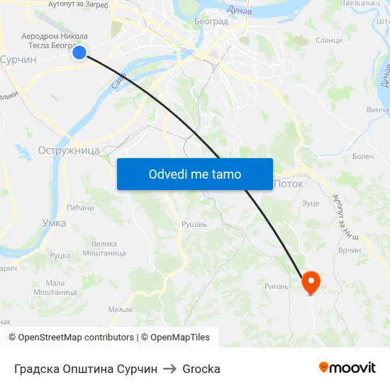 Градска Општина Сурчин to Grocka map