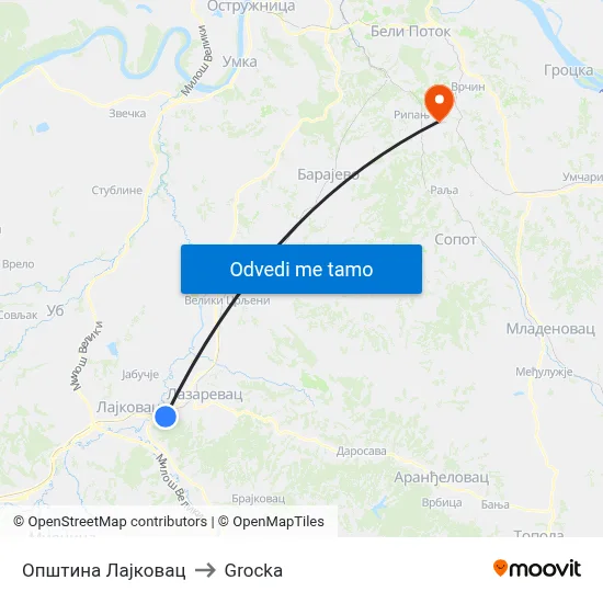 Општина Лајковац to Grocka map