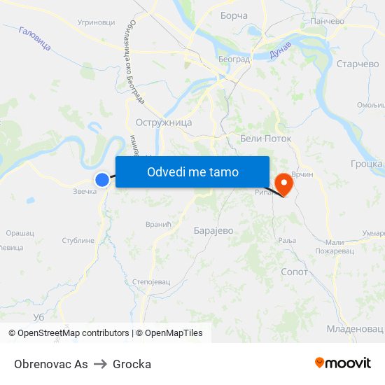 Obrenovac Аs to Grocka map