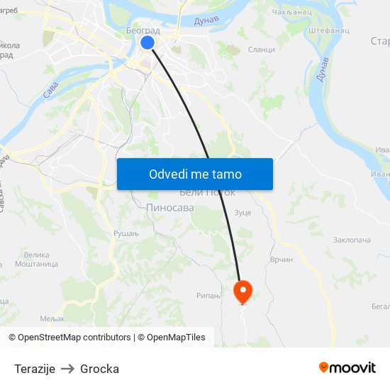 Terazije to Grocka map