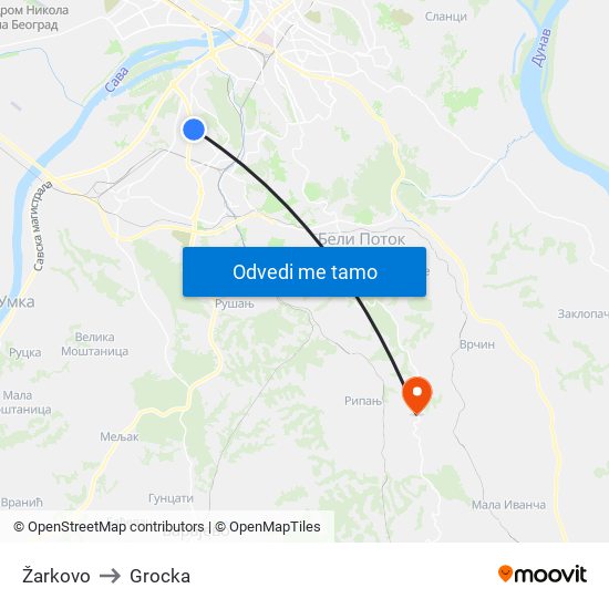 Žarkovo to Grocka map