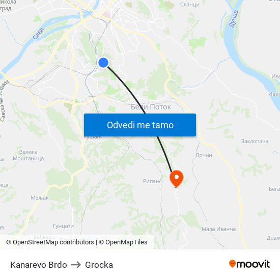 Kanarevo Brdo to Grocka map