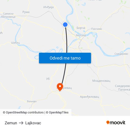 Zemun to Lajkovac map