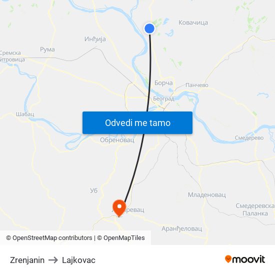 Zrenjanin to Lajkovac map