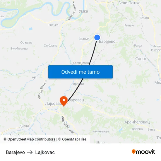 Barajevo to Lajkovac map
