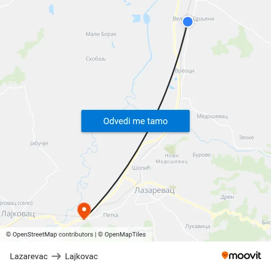 Lazarevac to Lajkovac map