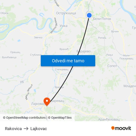 Rakovica to Lajkovac map