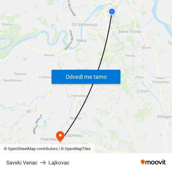 Savski Venac to Lajkovac map