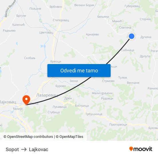 Sopot to Lajkovac map