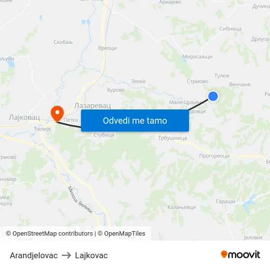 Arandjelovac to Lajkovac map