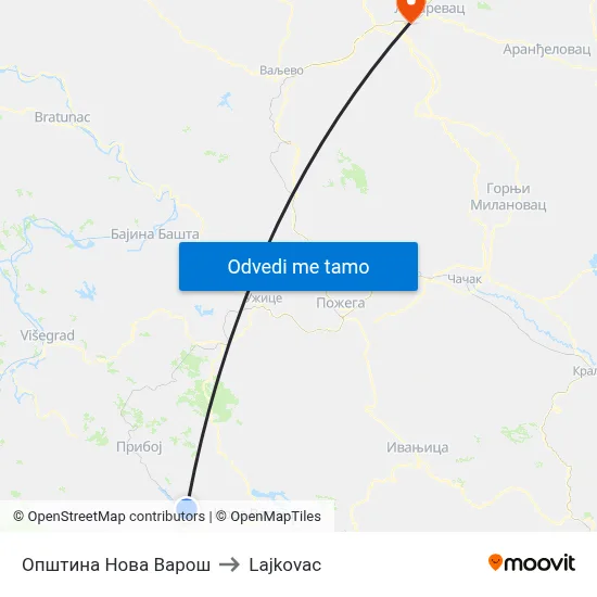 Општина Нова Варош to Lajkovac map