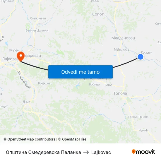 Општина Смедеревска Паланка to Lajkovac map