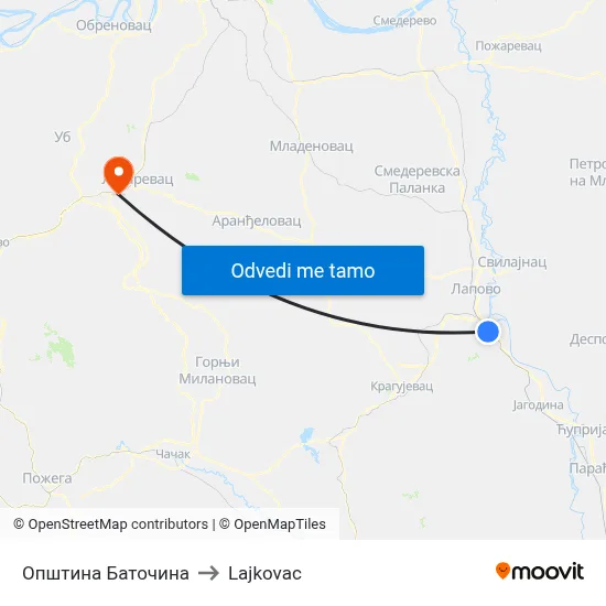 Општина Баточина to Lajkovac map