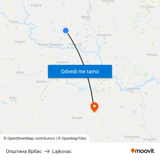 Општина Врбас to Lajkovac map
