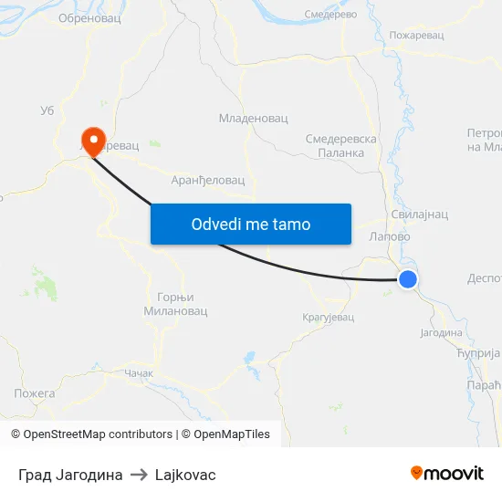 Град Јагодина to Lajkovac map