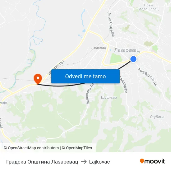 Градска Општина Лазаревац to Lajkovac map