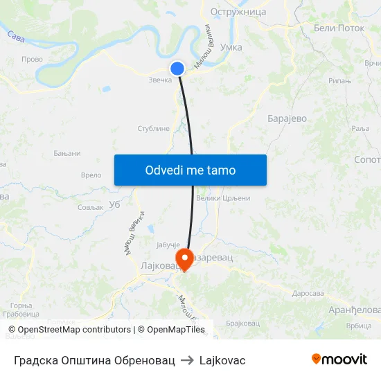 Градска Општина Обреновац to Lajkovac map
