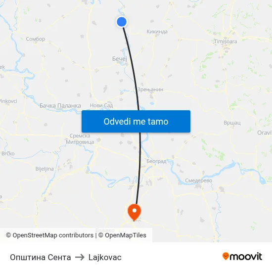 Општина Сента to Lajkovac map