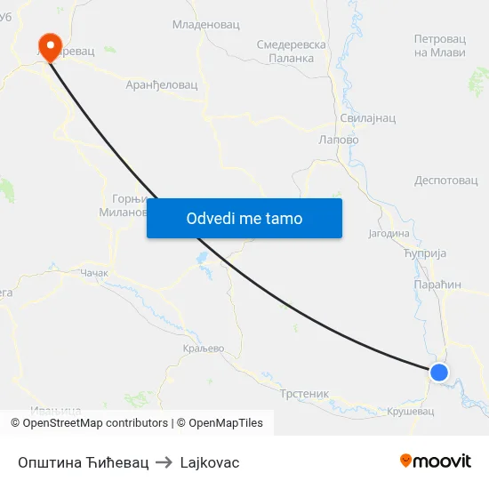 Општина Ћићевац to Lajkovac map