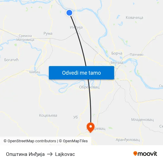 Општина Инђија to Lajkovac map