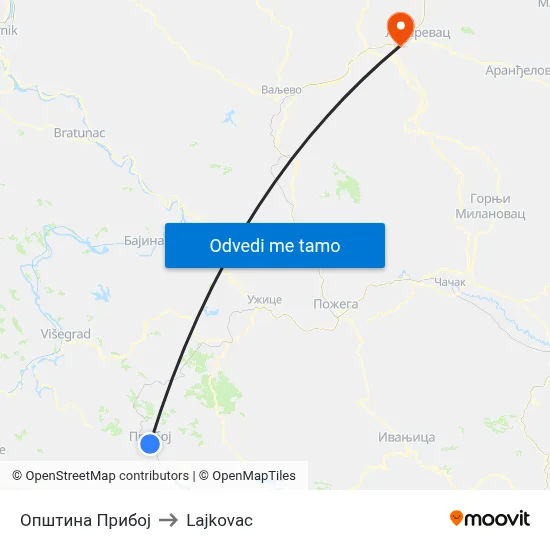 Општина Прибој to Lajkovac map