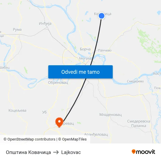 Општина Ковачица to Lajkovac map