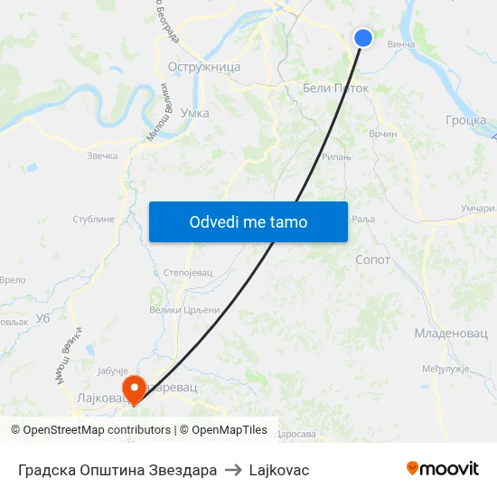 Градска Општина Звездара to Lajkovac map