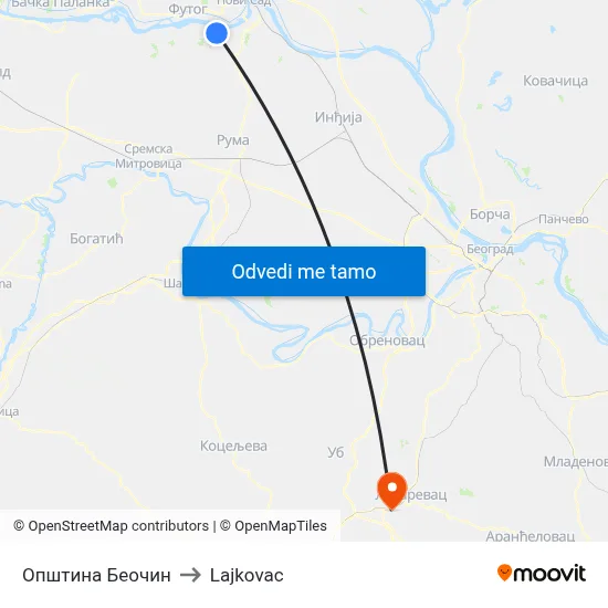 Општина Беочин to Lajkovac map