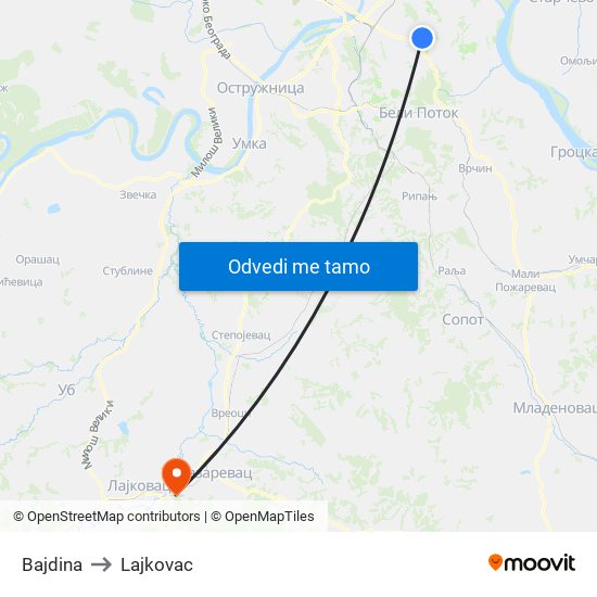 Bajdina to Lajkovac map